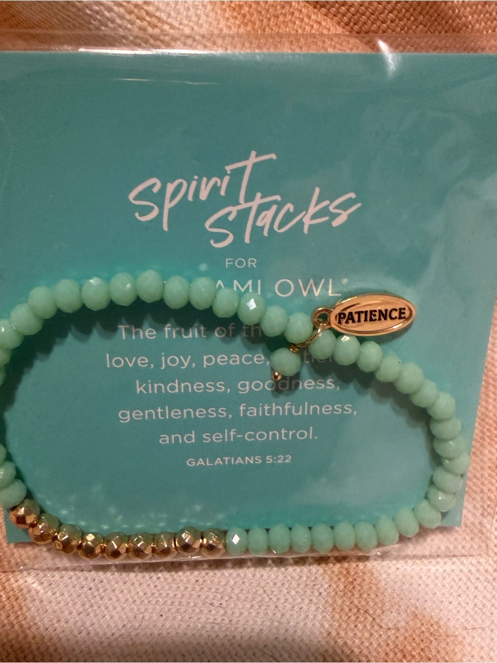 Origami Owl Mint Green Beaded Bracelet Stack with Gold Patience Charm